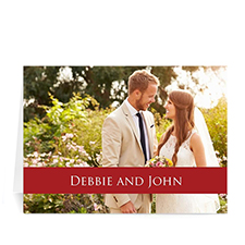 Cartes photo de mariage rouge classique personnalisées, pliées informelles 12,7 x 17,78 cm