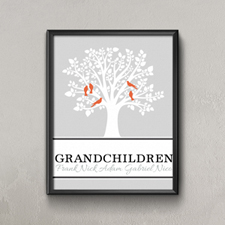 Affiche imprimée personnalisée arbre généalogique cinq oiseaux oranges, petit 21,59 x 27,94 cm