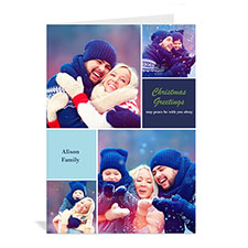 Carte de voeux bleue impression personnalisée collage 4 photos souhait de Noël 