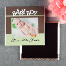 Souvenir aimant photo personnalisé bébé garçon vert et brun