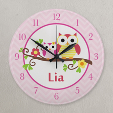 Horloge personnalisée hibou chevron rose, ronde 27,3 cm