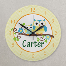 Horloge personnalisée hibou chevron jaune, ronde 27,3 cm