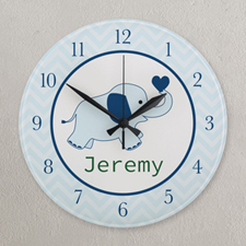 Horloge personnalisée éléphant chevron marine et bleu, ronde 27,3 cm