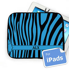 Housse iPad motif zèbre noir & bleu nom personnalisé