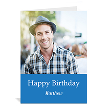 Cartes d'anniversaire photo personnalisées bleues classiques, portrait plié simple 12,7 x 17,78 cm