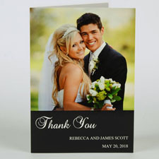 Cartes de mariage photo personnalisées classiques noires, simple portrait plié 12,7 x 17,78 cm