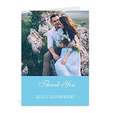 Cartes photo de mariage personnalisées bleu clair, portrait simple pliées 12,7 x 17,78 cm