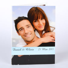 Cartes photo de mariage personnalisées bleu clair, portrait informel pliées 12,7 x 17,78 cm