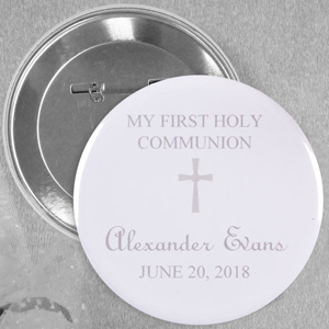 Pin bouton personnalisé gris clair baptême simple croix, rond 57mm