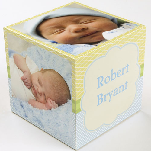 Cube photo en bois annonce de naissance bébé garçon pois, 5 panneaux