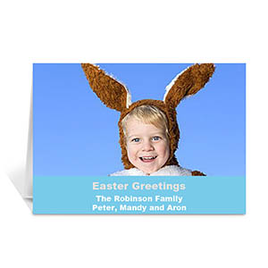 Cartes de voeux photo bleues Pâques personnalisées, pliées simples 12,7 x 17,78 cm