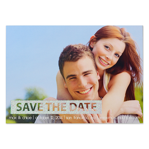 Cartes d'invitation réservez la date photo personnalisées simple jour paillettes argentées personnalisé