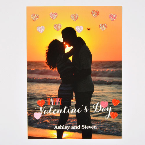 Carte Saint Valentin photo personnalisée vrais coeurs paillettes, plate 12,7 x 17,78 cm