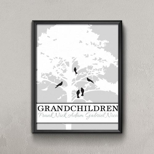 Affiche imprimée personnalisée arbre généalogique blanc cinq oiseaux, petit 21,59 x 27,94 cm