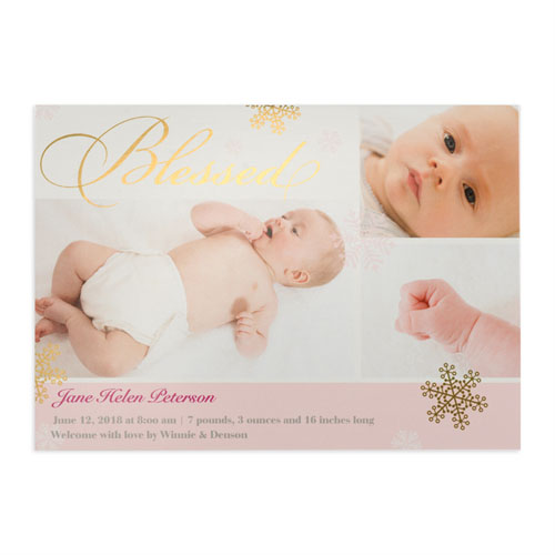 Créez votre propre annonce de naissance de fille photo personnalisée bénie feuille d'or, cartes d'invitation 12,7 x 17,78 cm