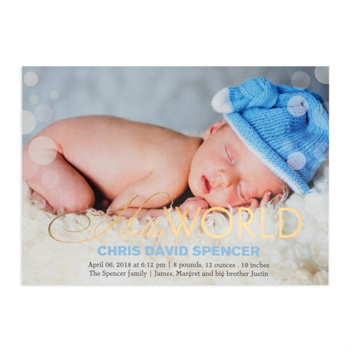 Créez votre propre annonce de naissance photo personnalisée Bonjour monde feuille d'or, cartes d'invitation 12,7 x 17,78 cm