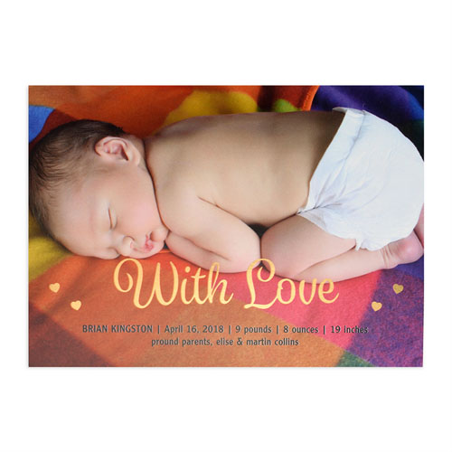 Annonce de naissance photo personnalisée avec amour feuille d'or, cartes 12,7 x 17,78 cm
