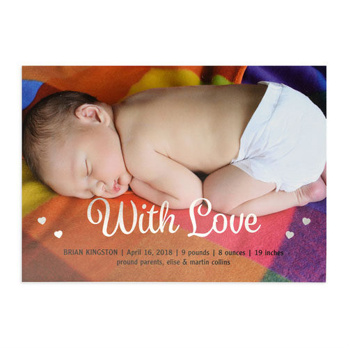 Annonce de naissance photo personnalisée avec amour feuille argentée, cartes 12,7 x 17,78 cm