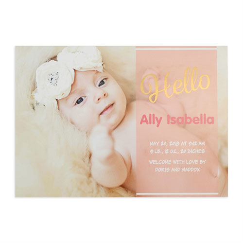 Annonce de naissance fille photo personnalisée écriture bonjour feuille d'or, cartes 12,7 x 17,78 cm