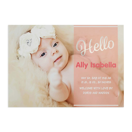Annonce de naissance fille photo personnalisée écriture bonjour feuille argentée, cartes 12,7 x 17,78 cm