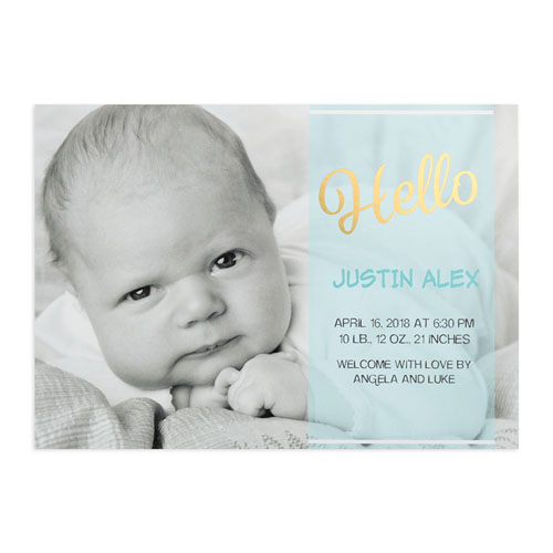 Annonce de naissance garçon photo personnalisée écriture bonjour feuille d'or, cartes 12,7 x 17,78 cm