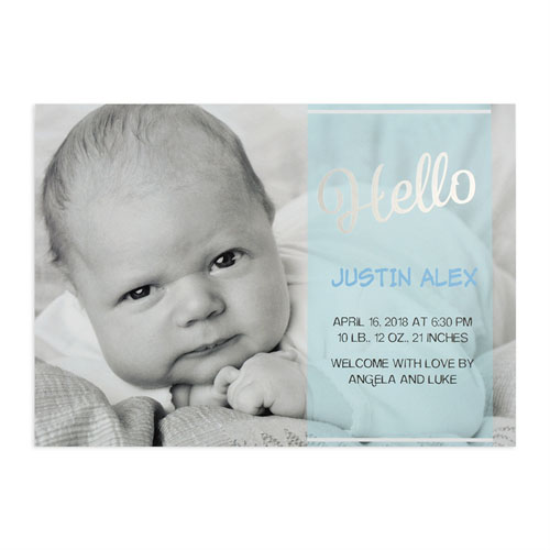 Annonce de naissance garçon photo personnalisée écriture bonjour feuille argentée, cartes 12,7 x 17,78 cm