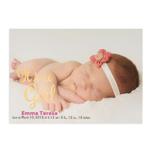 Annonce de naissance photo personnalisée feuille d'or c'est une fille, cartes 12,7 x 17,78 cm