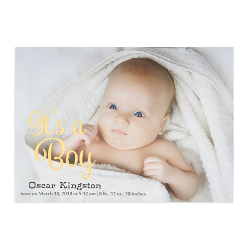 Annonce de naissance photo personnalisée feuille d'or c'est un garçon, cartes 12,7 x 17,78 cm