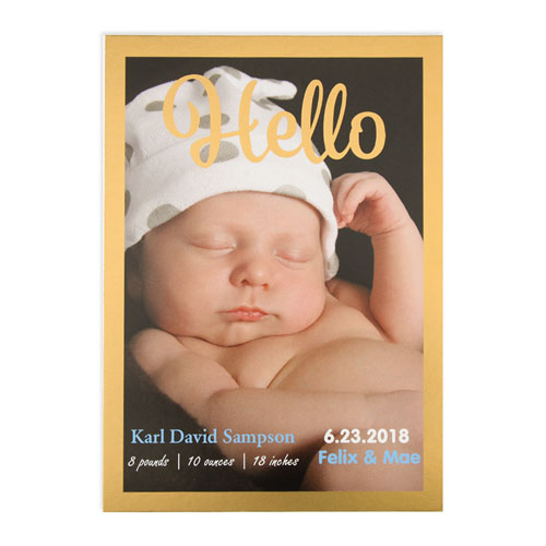 Annonce de naissance photo personnalisée Bonjour cadre feuille d'or, cartes 12,7 x 17,78 cm