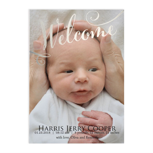 Annonce de naissance photo bienvenue feuille argentée, cartes 12,7 x 17,78 cm