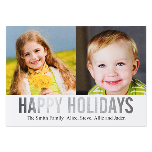 Carte plate personnalisée joyeuses fêtes feuille argentée collage deux photos, 12,7 x 17,78 cm 
