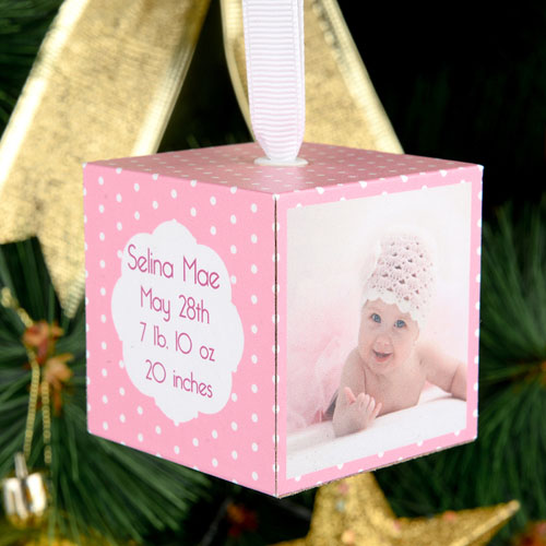 Cube photo en bois annonce de naissance bébé fille pois, 5 panneaux