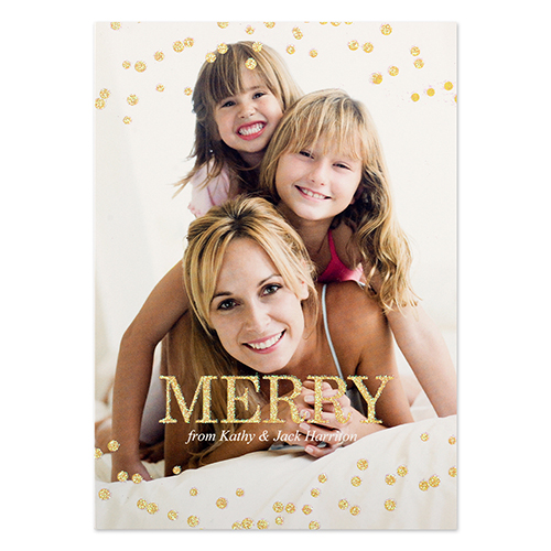 Carte de Noël photo personnalisée neige paillettes dorées 12,7 x 17,78 cm
