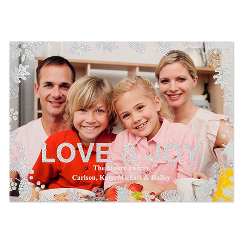 Carte de Noël photo personnalisée paillettes argentées amour & joie 12,7 x 17,78 cm