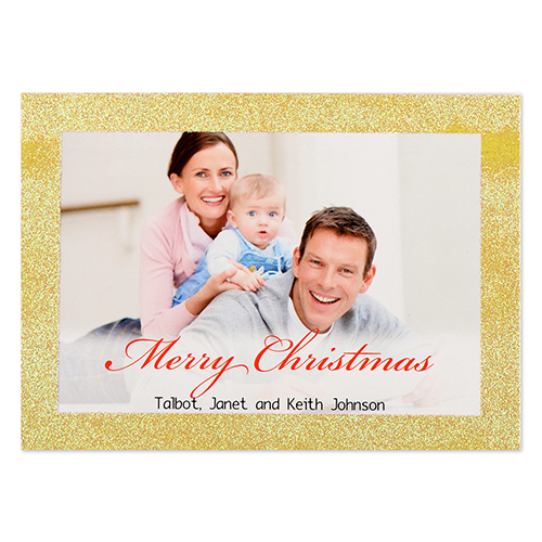 Carte de Noël photo personnalisée bordure dorée paillettes 12,7 x 17,78 cm