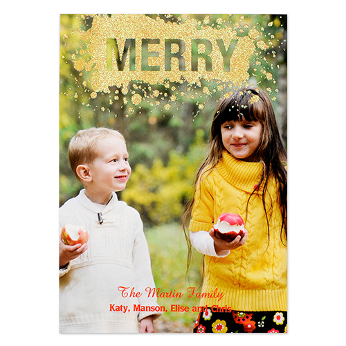 Carte de Noël photo personnalisée joyeux paillettes dorées 12,7 x 17,78 cm