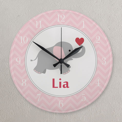 Horloge personnalisée éléphant rose et blanc, ronde 27,3 cm