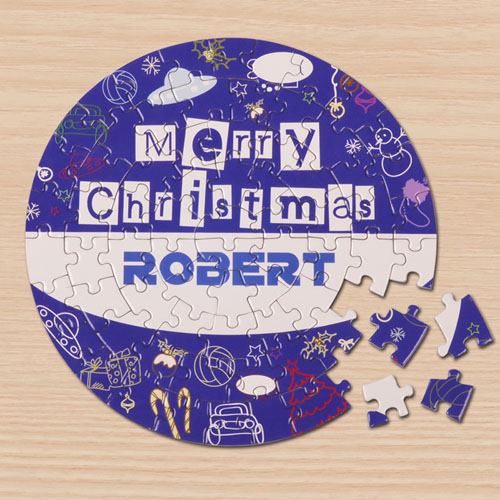 Puzzle rond bleu 18,41 cm Joyeux Noël 