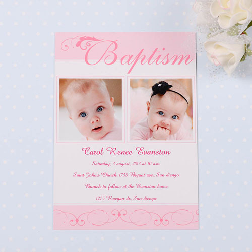 Créez vos propres cartes d'invitation photo baptême rose pâle - polices à la mode
