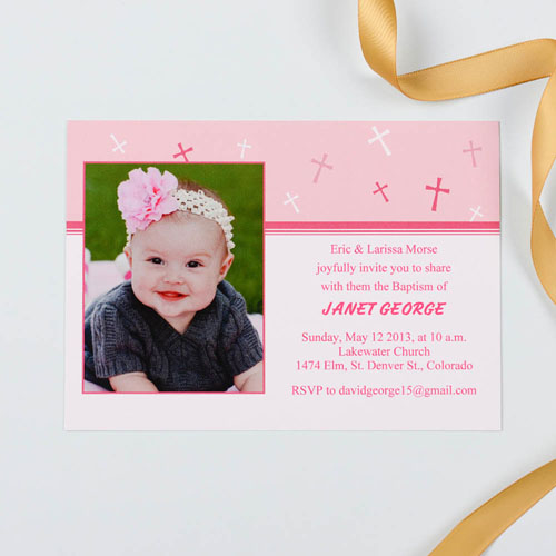 Imprimez vos propres cartes d'invitation photo baptême doux rose - douce réflection