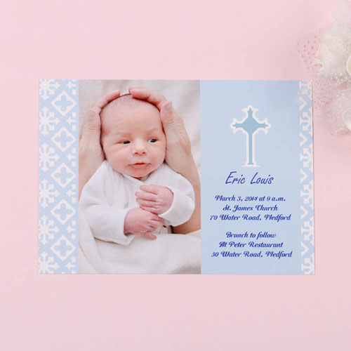 Imprimez vos propres cartes photo de baptême bleu fidèlement