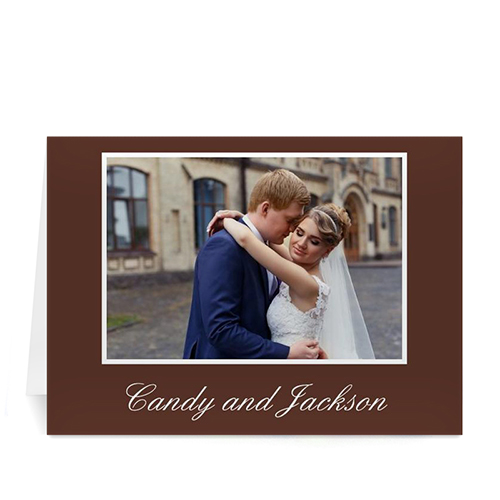 Cartes photo de mariage personnalisées brun chocolat, pliées 12,7 x 17,78 cm